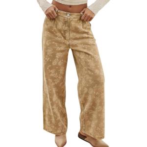 image:imagechouyatou Womens Baggy Floral Pattern Jeans Y2K Boyfriend Wide Leg Mid Rise Denim Pants with PocketsKhaki