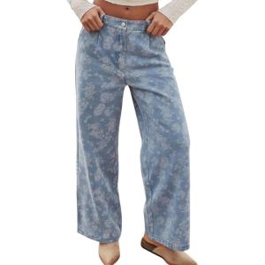 image:imagechouyatou Womens Baggy Floral Pattern Jeans Y2K Boyfriend Wide Leg Mid Rise Denim Pants with PocketsLight Blue