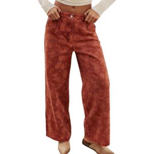 image:imagechouyatou Womens Baggy Floral Pattern Jeans Y2K Boyfriend Wide Leg Mid Rise Denim Pants with PocketsRed