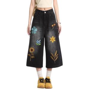 image:imagechouyatou Womens Floral Embroidery Capri Jeans Y2k Baggy Wide Leg Jeans Boho High Waisted Cropped Denim PantsBlack