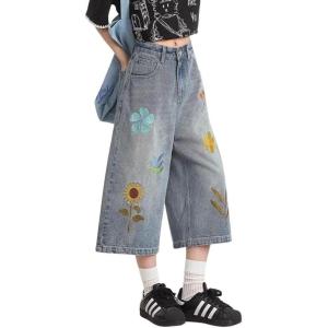 image:imagechouyatou Womens Floral Embroidery Capri Jeans Y2k Baggy Wide Leg Jeans Boho High Waisted Cropped Denim PantsDark Blue