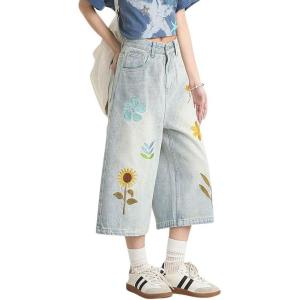 image:imagechouyatou Womens Floral Embroidery Capri Jeans Y2k Baggy Wide Leg Jeans Boho High Waisted Cropped Denim PantsLight Blue