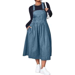 image:imagechouyatou Womens Retro Adjustable Strap Denim Overall Dress ALine Midi Long Tank Pinafore Jean DressBlue