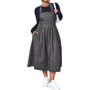 image:imagechouyatou Womens Retro Adjustable Strap Denim Overall Dress ALine Midi Long Tank Pinafore Jean DressGrey