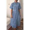 image:imagechouyatou Women Spring Summer Short Sleeve Denim Shirt Dress Midi Long Western Business Casual Jean DressLight Blue
