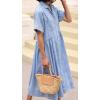 image:imagechouyatou Women Spring Summer Short Sleeve Denim Shirt Dress Midi Long Western Business Casual Jean DressLight Blue