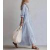 image:imagechouyatou Womens Long Sleeve Cotton Striped Maxi Dress Boho Loose Fit Ruffle Hem Pleated Shirt Dress with PocketsBlue