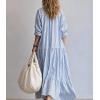 image:imagechouyatou Womens Long Sleeve Cotton Striped Maxi Dress Boho Loose Fit Ruffle Hem Pleated Shirt Dress with PocketsBlue