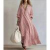 image:imagechouyatou Womens Long Sleeve Cotton Striped Maxi Dress Boho Loose Fit Ruffle Hem Pleated Shirt Dress with PocketsRed