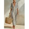 image:imagechouyatou Womens Summer Boho Striped Cotton Linen Dress Short Sleeve Lapel Collar Beach Maxi Shirt DressBlack
