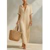 image:imagechouyatou Womens Summer Boho Striped Cotton Linen Dress Short Sleeve Lapel Collar Beach Maxi Shirt DressKhaki