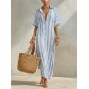 image:imagechouyatou Womens Summer Boho Striped Cotton Linen Dress Short Sleeve Lapel Collar Beach Maxi Shirt DressLight Blue