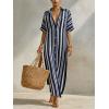 image:imagechouyatou Womens Summer Boho Striped Cotton Linen Dress Short Sleeve Lapel Collar Beach Maxi Shirt DressNavy Blue