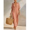 image:imagechouyatou Womens Summer Boho Striped Cotton Linen Dress Short Sleeve Lapel Collar Beach Maxi Shirt DressOrange