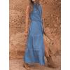 image:imagechouyatou Womens Summer Button Down Denim Shirt Dress Business Casual Belted Sleeveless Midi Long Jean DressBlue