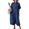image:imagechouyatou Women Spring Summer Short Sleeve Denim Shirt Dress Midi Long Western Business Casual Jean DressBlue