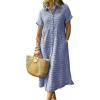 image:imagechouyatou Womens Casual Plaid Button Down Shirt Dress Boho Short Sleeve Gingham Midi Long Tunic DressBlue