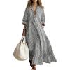image:imagechouyatou Womens Long Sleeve Cotton Striped Maxi Dress Boho Loose Fit Ruffle Hem Pleated Shirt Dress with PocketsBlack