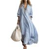 image:imagechouyatou Womens Long Sleeve Cotton Striped Maxi Dress Boho Loose Fit Ruffle Hem Pleated Shirt Dress with PocketsBlue