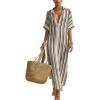 image:imagechouyatou Womens Summer Boho Striped Cotton Linen Dress Short Sleeve Lapel Collar Beach Maxi Shirt DressBlack