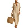image:imagechouyatou Womens Summer Boho Striped Cotton Linen Dress Short Sleeve Lapel Collar Beach Maxi Shirt DressKhaki