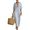 image:imagechouyatou Womens Summer Boho Striped Cotton Linen Dress Short Sleeve Lapel Collar Beach Maxi Shirt DressLight Blue