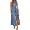 image:imagechouyatou Womens Summer Button Down Denim Shirt Dress Business Casual Belted Sleeveless Midi Long Jean DressBlue
