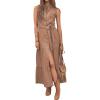 image:imagechouyatou Womens Summer Button Down Denim Shirt Dress Business Casual Belted Sleeveless Midi Long Jean DressBrown
