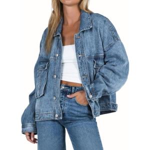 image:imagechouyatou Womens 2025 Fall Boyfriend Denim Jacket Y2K Casual Button Down Oversized Jean Jacket ShacketsBlue