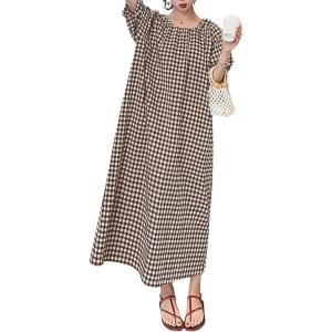 image:imagechouyatou Womens Casual Gingham LooseFit Swing Dress Cotton Lantern Puff Sleeve Plaid Midi Long DressCoffee
