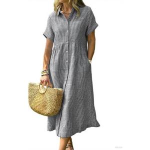 image:imagechouyatou Womens Casual Plaid Button Down Shirt Dress Boho Short Sleeve Gingham Midi Long Tunic DressBlack