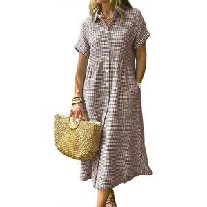 image:imagechouyatou Womens Casual Plaid Button Down Shirt Dress Boho Short Sleeve Gingham Midi Long Tunic DressCoffee