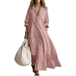 image:imagechouyatou Womens Long Sleeve Cotton Striped Maxi Dress Boho Loose Fit Ruffle Hem Pleated Shirt Dress with PocketsRed