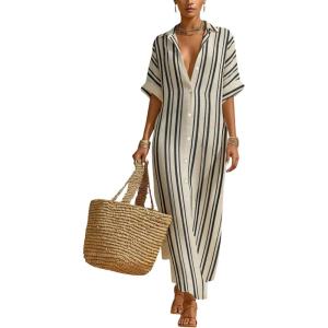 image:imagechouyatou Womens Summer Boho Striped Cotton Linen Dress Short Sleeve Lapel Collar Beach Maxi Shirt DressBlack