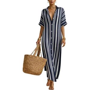 image:imagechouyatou Womens Summer Boho Striped Cotton Linen Dress Short Sleeve Lapel Collar Beach Maxi Shirt DressNavy Blue