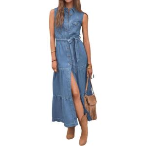 image:imagechouyatou Womens Summer Button Down Denim Shirt Dress Business Casual Belted Sleeveless Midi Long Jean DressBlue