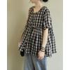 image:imagechouyatou Women Gingham Button Down Shirt Cotton Linen Shirt Plaid Short Sleeve Summer Tunic Tops BlousesBlack