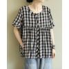 image:imagechouyatou Women Gingham Button Down Shirt Cotton Linen Shirt Plaid Short Sleeve Summer Tunic Tops BlousesBlack