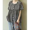 image:imagechouyatou Women Gingham Button Down Shirt Cotton Linen Shirt Plaid Short Sleeve Summer Tunic Tops BlousesBlack