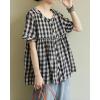 image:imagechouyatou Women Gingham Button Down Shirt Cotton Linen Shirt Plaid Short Sleeve Summer Tunic Tops BlousesBlack