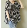 image:imagechouyatou Women Gingham Button Down Shirt Cotton Linen Shirt Plaid Short Sleeve Summer Tunic Tops BlousesBlack