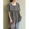 image:imagechouyatou Women Gingham Button Down Shirt Cotton Linen Shirt Plaid Short Sleeve Summer Tunic Tops BlousesBlack