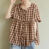 image:imagechouyatou Women Gingham Button Down Shirt Cotton Linen Shirt Plaid Short Sleeve Summer Tunic Tops BlousesCoffee