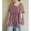 image:imagechouyatou Women Gingham Button Down Shirt Cotton Linen Shirt Plaid Short Sleeve Summer Tunic Tops BlousesRed