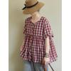 image:imagechouyatou Women Gingham Button Down Shirt Cotton Linen Shirt Plaid Short Sleeve Summer Tunic Tops BlousesRed
