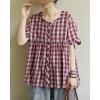 image:imagechouyatou Women Gingham Button Down Shirt Cotton Linen Shirt Plaid Short Sleeve Summer Tunic Tops BlousesRed