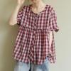 image:imagechouyatou Women Gingham Button Down Shirt Cotton Linen Shirt Plaid Short Sleeve Summer Tunic Tops BlousesRed