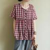 image:imagechouyatou Women Gingham Button Down Shirt Cotton Linen Shirt Plaid Short Sleeve Summer Tunic Tops BlousesRed