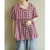 image:imagechouyatou Women Gingham Button Down Shirt Cotton Linen Shirt Plaid Short Sleeve Summer Tunic Tops BlousesRed