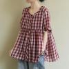 image:imagechouyatou Women Gingham Button Down Shirt Cotton Linen Shirt Plaid Short Sleeve Summer Tunic Tops BlousesRed
